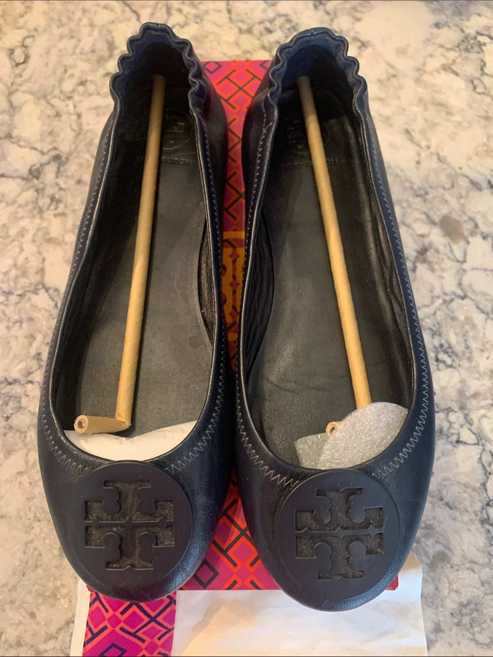 Tory Burch Navy Leather Scalloped Edge Logo Ballet Flats